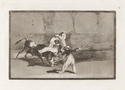 Cogida de un moro estando en la plaza (Wrzosowisko schwytane przez byka na pierścieniu), płyta 8 z La tauromaquia autorstwa Francisco de Goya