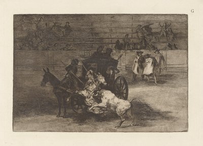 Walka w bryczce zaprzęgniętej do dwóch mułów, płyta G z La tauromaquia (wydanie trzecie) autorstwa Francisco de Goya