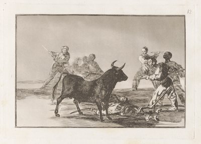 Rabble Hamstring byka z lancami, sierpami, banderillas i innymi ramionami, płyta 12 z La tauromaquia autorstwa Francisco de Goya