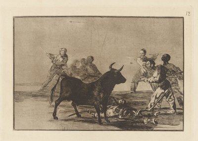Rabble Hamstring byka z lancami, sierpami, banderillas i innymi ramionami, płyta 12 z La tauromaquia autorstwa Francisco de Goya
