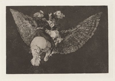 Ulotka nonsensowna (Flying Folly), znana również jako Wyrzec się przyjaciela, który osłania cię swoimi skrzydłami i gryzie cię swoim dziobem, z serii Los disparates (Los proverbios) autorstwa Francisco de Goya