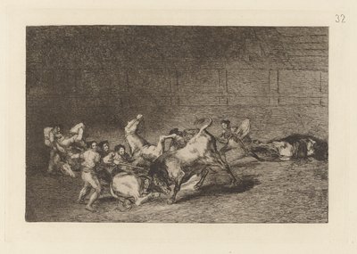 Dwie drużyny pikadorów rzucone jeden po drugim przez jednego byka, płyta 32 z La tauromaquia autorstwa Francisco de Goya