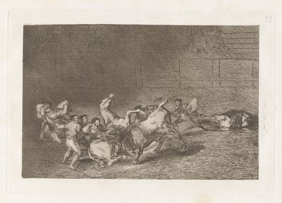 Dwie drużyny pikadorów rzucone jeden po drugim przez jednego byka, płyta 32 z La tauromaquia autorstwa Francisco de Goya