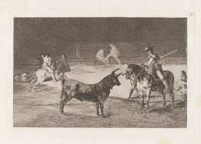 El c?lebre Fernando del Toro, barilarguero, zmusza bestię swoim drągiem (Słynny pikador, Fernando del Toro, ciągnie dziką bestię swoją piką), płyta 27 z La tauromaquia autorstwa Francisco de Goya