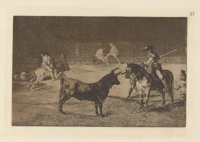 Słynny Fernando del Toro, barilarguero, forsowanie ? la Fiera con su garrocha (Uwielbiony Picador, Fernando del Toro, Przyciąga dziką bestię swoją piką), płyta 27 z La tauromaquia autorstwa Francisco de Goya