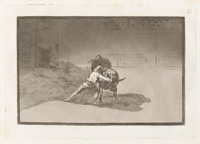 Słynny Martincho putt banderillas al quiebro (Słynny Martincho umieszcza banderille grające na byku ruchem swojego ciała), płyta 15 z La tauromaquia autorstwa Francisco de Goya