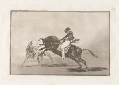 Te same ceballosy na innym byku przebijają Rejones na Plaza de Madrid (Te same ceballosy na innym byku łamią krótkie włócznie na ringu w Madrycie), płyta 24 z La tauromaquia autorstwa Francisco de Goya