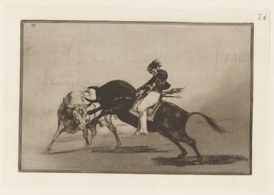 Te same ceballosy na innym byku przebijają Rejones na Plaza de Madrid (Te same ceballosy na innym byku łamią krótkie włócznie na ringu w Madrycie), płyta 24 z La tauromaquia autorstwa Francisco de Goya
