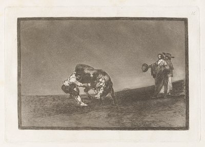 On sam zrzuca byka na placu w Madrycie (Ten sam człowiek rzuca bykiem w ring w Madrycie), płyta 16 z La tauromaquia autorstwa Francisco de Goya