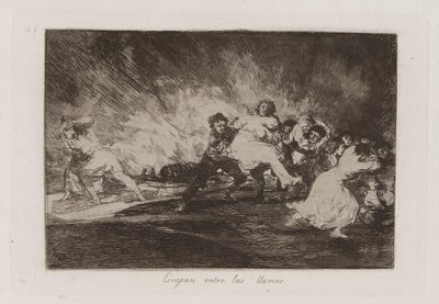 Uciekają przez płomienie, płyta 41 z Klęsk wojennych autorstwa Francisco de Goya