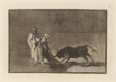 Maurowie robią kolejną pelerynę na placu ze swoimi albornozami (Maurowie grają inną grę na ringu Wzywając byka swoim Burnous), płyta 6 z La tauromaquia autorstwa Francisco de Goya