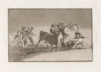 Palenque de los moros hecho con burros para defenseerse del toro embolado (Maurowie używają osłów jako bariery w obronie przed bykiem, którego rogi zostały zakończone kulkami), płyta 17 z La tauromaquia autorstwa Francisco de Goya