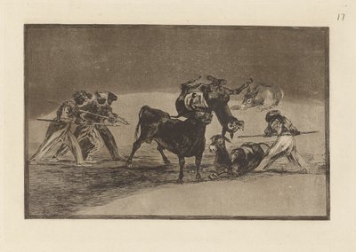 Palenque de los moros hecho con burros para defenseerse del toro embolado (Maurowie używają osłów jako bariery w obronie przed bykiem, którego rogi zostały zakończone kulkami), płyta 17 z La tauromaquia autorstwa Francisco de Goya