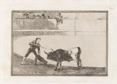 Pedro Romero zabija? stojący byk (Pedro Romero zabija zatrzymanego byka), płyta 30 z La tauromaquia autorstwa Francisco de Goya
