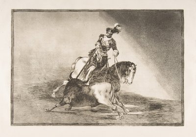 Tablica 10 z La Tauromaquia: Karol V przebija byka na ringu w Valladolid, 1816. autorstwa Francisco de Goya