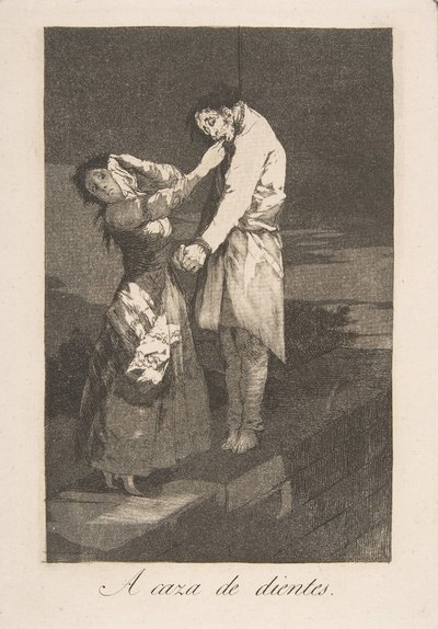 Tablica 12 z Los Caprichos: Polowanie na zęby A caza des dientes., 1799. autorstwa Francisco de Goya