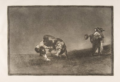 Tablica 16 Tauromachii: Ten sam mężczyzna rzuca byka na ring w Madrycie, 1816. autorstwa Francisco de Goya