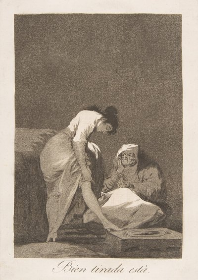 Tablica 17 z Los Caprichos: Ładnie rozciągnięta Bien tirada está., 1799. autorstwa Francisco de Goya