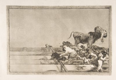 Tablica 21 z Tauromachii: Straszne wydarzenia w pierwszych rzędach ringu w Madrycie a..., 1816. autorstwa Francisco de Goya