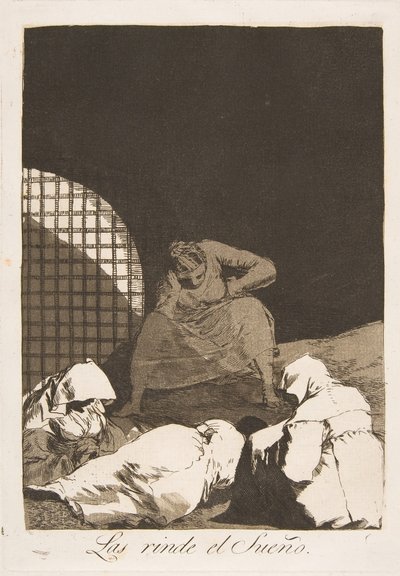 Tablica 34 z Los Caprichos: Sen je zwycięża Las rinde el Sueño., 1799. autorstwa Francisco de Goya