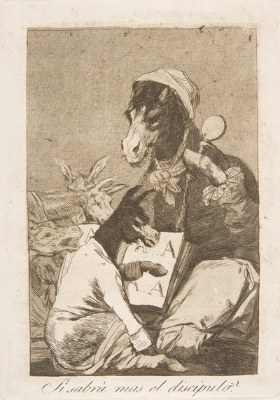 Tablica 37 z Los Caprichos: Czy uczeń nie może wiedzieć więcej Si Sabrá mas el discipulo, 1799. autorstwa Francisco de Goya