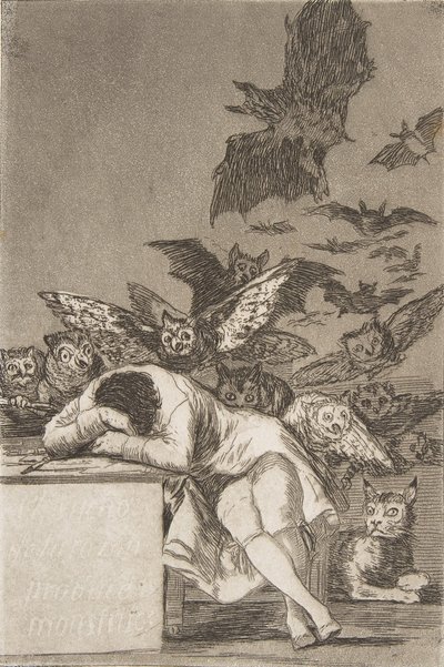 Tablica 43 z Los Caprichos: Sen rozsądku produkuje potwory E..., 1799, wyd. 1908-12. autorstwa Francisco de Goya