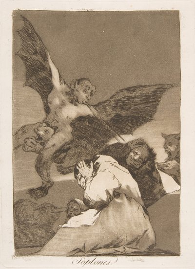 Tablica 48 z Los Caprichos: Opowieści, podmuchy wiatru Soplones., 1799. autorstwa Francisco de Goya