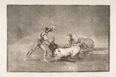 Tablica 9 Tauromachii: Hiszpański rycerz zabija byka po utracie konia., 1816. autorstwa Francisco de Goya