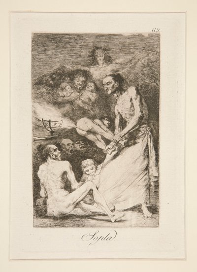 Sopla (Blow), pl. 69 z cyklu Los caprichos autorstwa Francisco de Goya