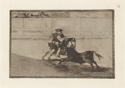 Un caballero espa?ol en plaza quebrando rejoncillos sin auxilio de los chulos (Hiszpański rycerz na ringu łamiący krótkie włócznie bez pomocy asystentów), płyta 13 z La tauromaquia autorstwa Francisco de Goya