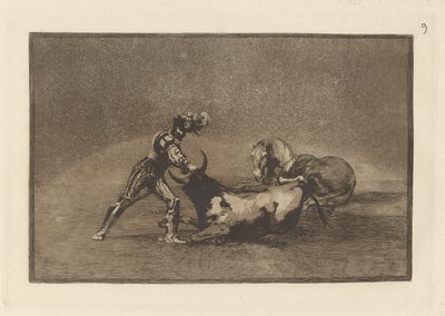 Hiszpański rycerz zabija byka po zgubieniu konia (Hiszpański rycerz zabija byka po zgubieniu konia), płyta 9 z La tauromaquia autorstwa Francisco de Goya