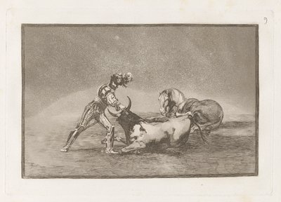 Hiszpański rycerz zabija byka po zgubieniu konia (Hiszpański rycerz zabija byka po zgubieniu konia), płyta 9 z La tauromaquia autorstwa Francisco de Goya