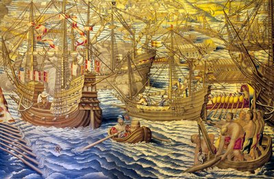 Statki i barka - Fragment podboju Tunisu (Tunezja) - Gobelin autorstwa Francisco i Corneliusa Van der Ggot (XVIII w.), wpleciony w królewską fabrykę gobelinów, połowa XVIII w., po gobelinie z XVI w. Willema de Pannemakera - (Tun autorstwa Francisco Ignacio Vandergoten Canyuwell