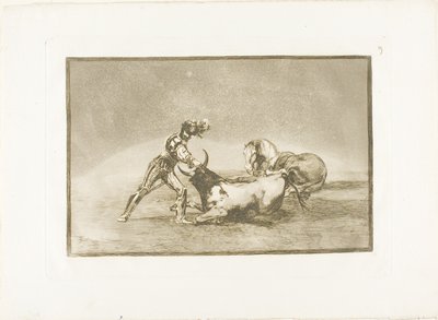 Hiszpański rycerz zabija byka po utracie konia, płyta dziewiąta z Sztuki walki byków autorstwa Francisco Jose de Goya y Lucientes