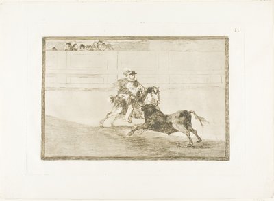 Hiszpański rycerz konny w ringu łamiący krótkie włócznie bez pomocy pomocników, płyta 13 z Sztuki walki byków autorstwa Francisco Jose de Goya y Lucientes