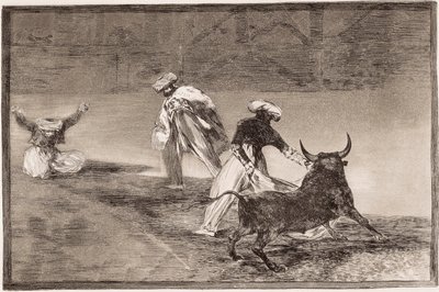 Walka byków: Maurowie bawią się w pelerynę z innym bykiem w zagrodzie autorstwa Francisco de Goya