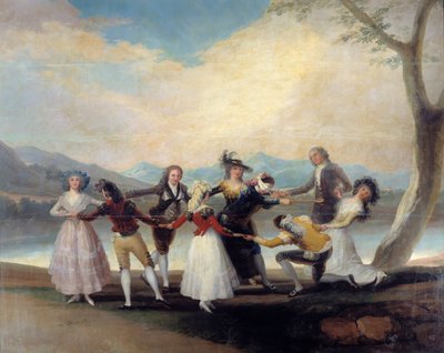 Colin Maillard (Colin-Maillard) gra w ślepą kurę. Młodzi ludzie tańczą wokół tego, który ma pasiaste oczy. Obraz Francisco De Goya (1746-1828) autorstwa Francisco de Goya