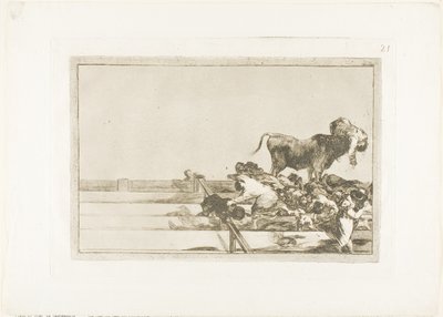 Straszne wydarzenia w pierwszych rzędach ringu w Madrycie i śmierć burmistrza Torrejón, tablica 21 ze Sztuki walki byków autorstwa Francisco Jose de Goya y Lucientes