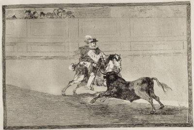 GOYA I LUCIENTES, Francisco de (1746-1828). Hiszpański rycerz konny w ringu łamie krótkie włócznie bez pomocy pomocników. 1816. Akwaforta. HISZPANIA. MADRYT (WSPÓLNOTA AUTONOMICZNA). Madryt. Biblioteka Narodowa autorstwa Francisco Jose de Goya y Lucientes
