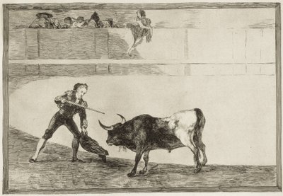 GOYA I LUCIENTES, Francisco de (1746-1828). Pedro Romero zabija zatrzymanego byka. 1816. (25,1 x 35,9 cm). ROMERO, Pedro (1754-1839). Hiszpański torreador. Tablica 30 „Sztuka walk byków”. Akwaforta. HISZPANIA. MADRYT (WSPÓLNOTA AUTONOMICZNA). Madryt. Krajo autorstwa Francisco Jose de Goya y Lucientes