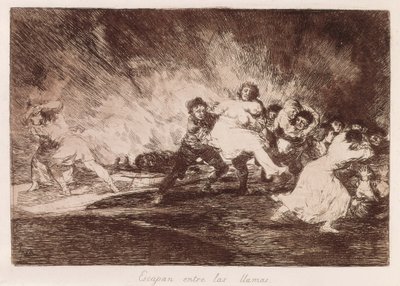 GOYA I LUCIENTES, Francisco de (1746-1828). Uciekają przez płomienie. 1810-1812. (16,1 x 23,3 cm). Tablica 47 „Katastrof wojennych”. Akwaforta. HISZPANIA. MADRYT (WSPÓLNOTA AUTONOMICZNA). Madryt. Biblioteka Narodowa autorstwa Francisco Jose de Goya y Lucientes