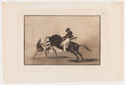 Płyta 24 z La Tauromaquia: To samo Ceballo zamontowane na kolejnej przerwie byka Krótkie włócznie na ringu w Madrycie autorstwa Francisco Jose de Goya y Lucientes