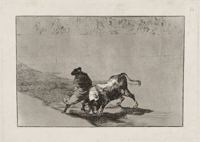 Sprytny „Uczeń Falcesa” doprowadza byka do furii, poruszając się owinięty płaszczem, płyta 14 autorstwa Francisco de Goya
