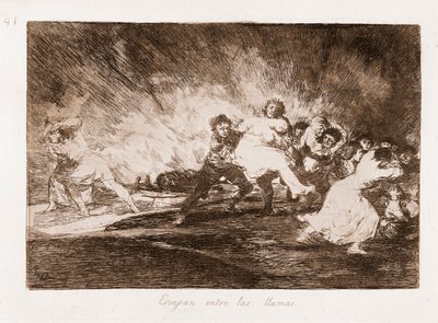 Katastrofy wojny : Uciekają przez płomienie (akwaforta z rysunku) autorstwa Francisco de Goya