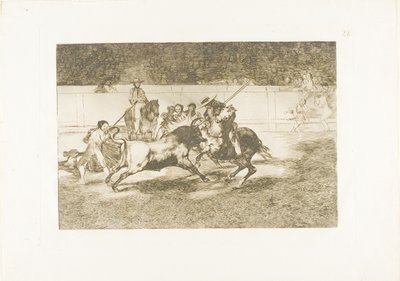 Silny Rendón dźga byka piką, od której zginął na ringu w Madrycie, płyta 28 z Sztuki walki byków autorstwa Francisco Jose de Goya y Lucientes