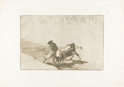 Bardzo zręczny uczeń Falces, owinięty w pelerynę, oszukuje byka grą swojego ciała, płyta 14 ze Sztuki walki byków autorstwa Francisco Jose de Goya y Lucientes