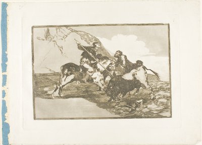 Sposób, w jaki starożytni Hiszpanie polowali na byki na koniach w otwartym kraju, płyta pierwsza z Sztuki walki byków autorstwa Francisco Jose de Goya y Lucientes
