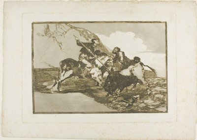 Sposób, w jaki starożytni Hiszpanie polowali na byki na koniach w otwartym kraju, płyta pierwsza z Sztuki walki byków autorstwa Francisco Jose de Goya y Lucientes
