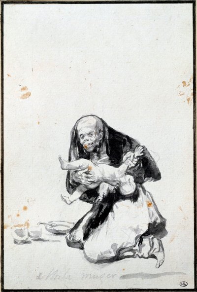 Zła kobieta (Mala mujer). Zła kobieta. Scena antropofagiczna, wiedźma pożera dziecko. Szary wash Francisco Goya y Lucientes (1746-1828) Nd. 0,21x0,14 m Paryż, musee du Louvre autorstwa Francisco de Goya