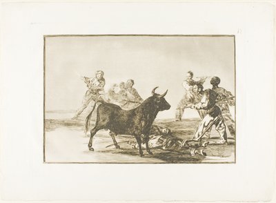 motłoch ścinający byka włóczniami, sierpami, banderillami i innymi ramionami, płyta dwunasta z Sztuki walki byków autorstwa Francisco Jose de Goya y Lucientes